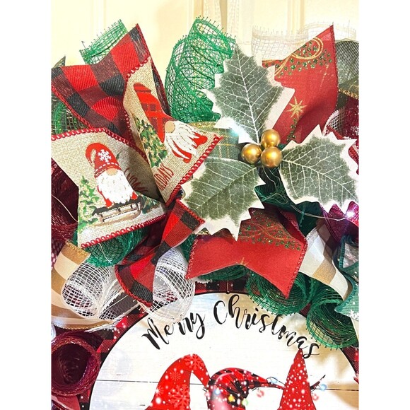 Handmade Christmas Tree Gnome Holiday Ribbon Door Wreath 22 ins W71 - Picture 7 of 11